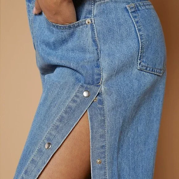 Medium Wash Casual womens Snap Button Side Trim Wide Leg Raw Hem Jeans - Picture 3 of 5